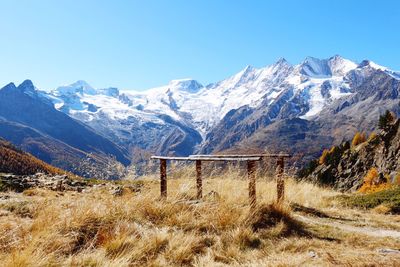 Scenic view of snowcapped mountains against clear sky