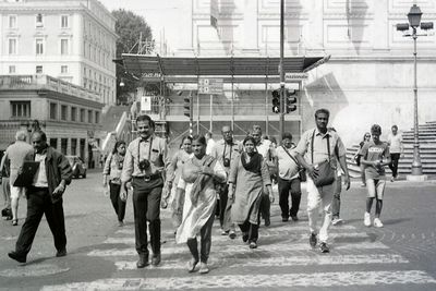 People walking on city street