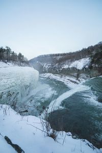 Scenic view of snowy landscape against clear sky