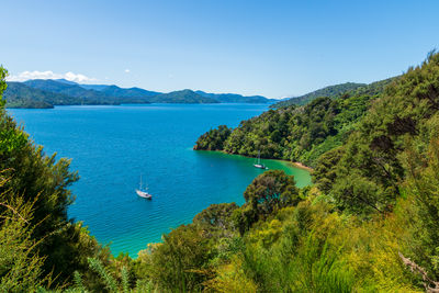 Scenic view of bay against blue sky