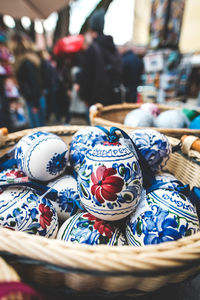 Close-up of wicker basket for sale in market