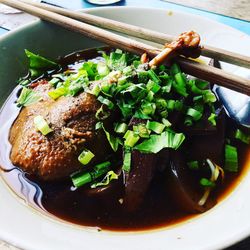 High angle view of meat in bowl