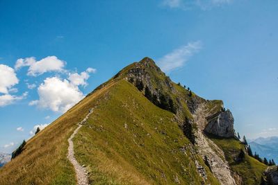 Low angle view of mountain against cloudy sky