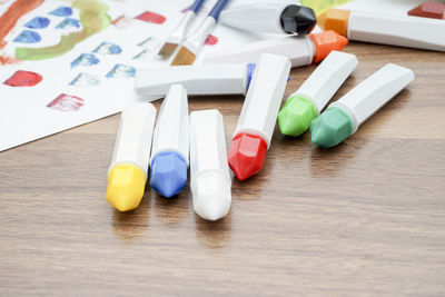 High angle view of toys on table