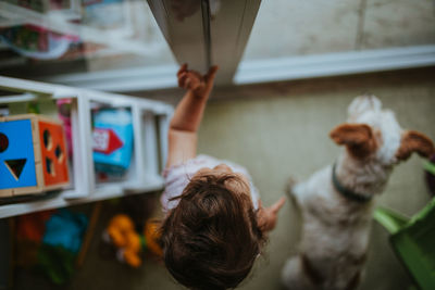 High angle view of girl and dog standing by closed door