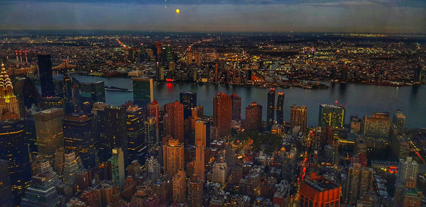 High angle view of illuminated city buildings