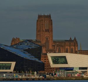 Low angle view of liverpool cathedral against clear sky at dusk