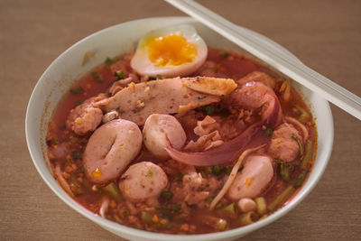 High angle view of food in bowl on table