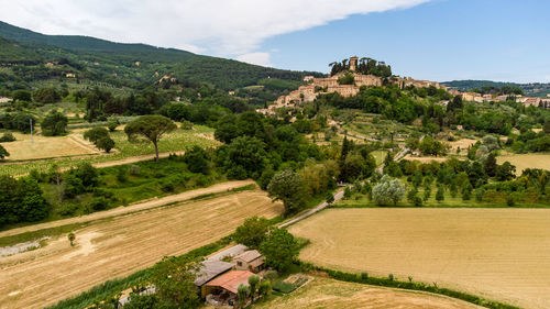 Stunning aerial view of the medieval tuscan village of cetona.