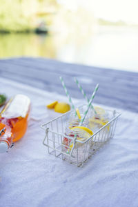 Close-up of shopping cart on table