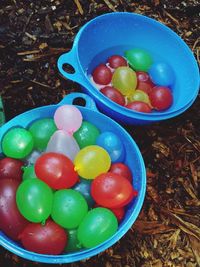 High angle view of multi colored candies in bowl