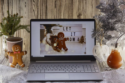 Close-up of christmas decoration on table