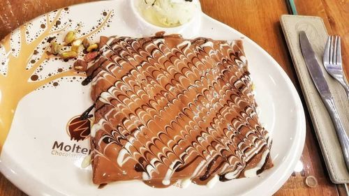 High angle view of dessert in plate on table