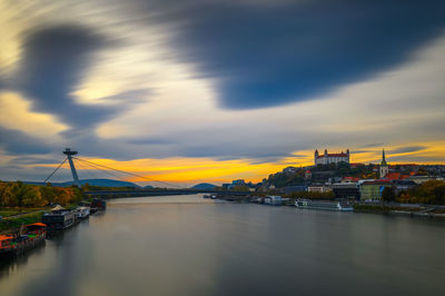 Bridge over river against sky during sunset