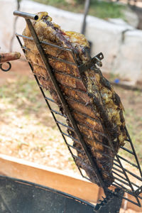 Close-up of grasshopper on barbecue grill