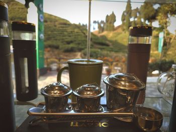 View of a tea garden from a tea shop in siliguri, west bengal, india