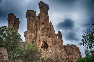 Low angle view of rock formation against cloudy sky