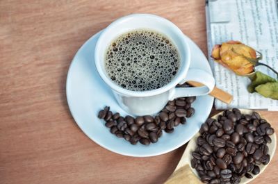 High angle view of coffee on table