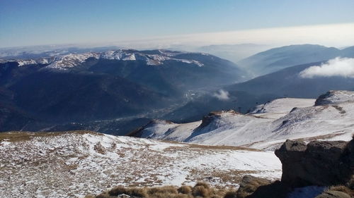 Aerial view of snowcapped mountains against sky