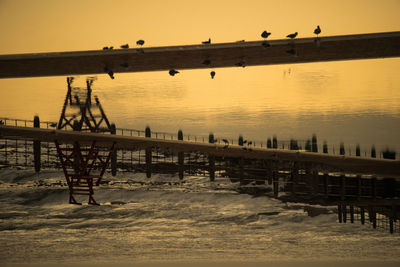 Silhouette birds on lake against sky during sunset