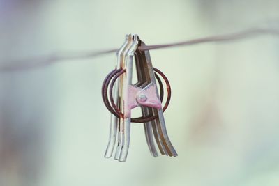 Close-up of clothespin hanging on rope