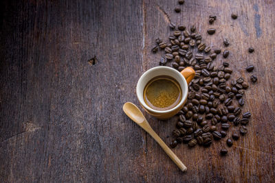 High angle view of coffee cup on table