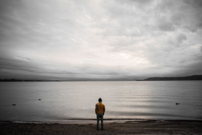 Rear view of man looking at sea against sky