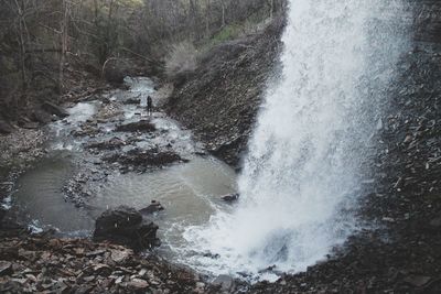 High angle view of waterfall in forest