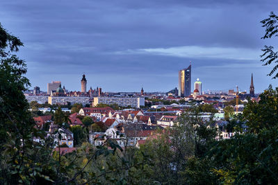 High angle view of buildings against sky