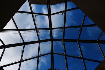 Low angle view of skylight against sky seen through window