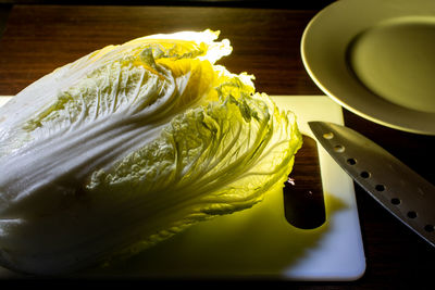 High angle view of bread in plate on table