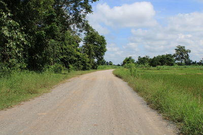 Road amidst trees on field against sky