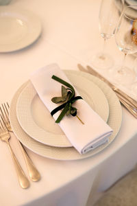 High angle view of wedding rings on table