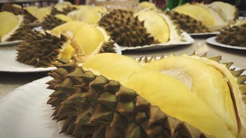 Close-up of durian on table