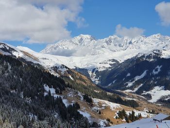 Scenic view of snowcapped mountains against sky