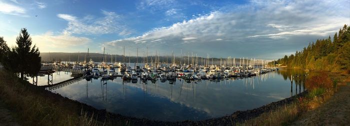 High angle view of boats moored at harbor