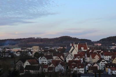 High angle shot of townscape against sky