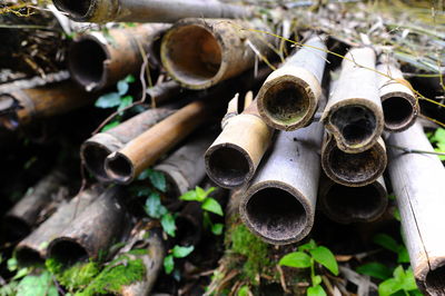 Close-up of old rusty metal on field