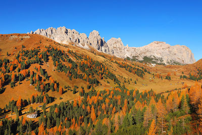 Scenic view of mountains against clear blue sky