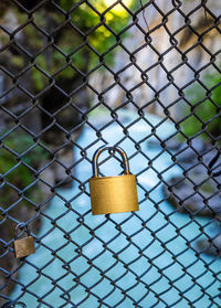 Close-up of padlocks on chainlink fence