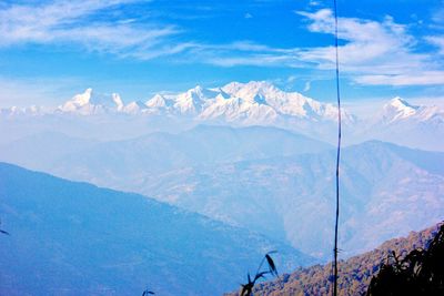 Scenic view of mountains against blue sky