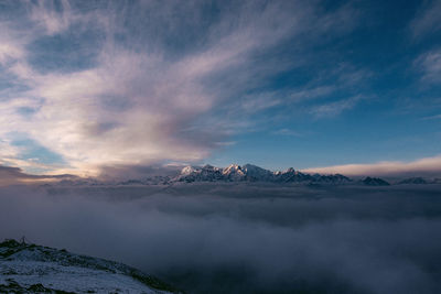 Scenic view of snowcapped mountains against sky during sunset