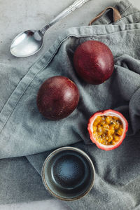 High angle view of fruits in bowl on table