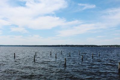 Wooden posts in sea against sky