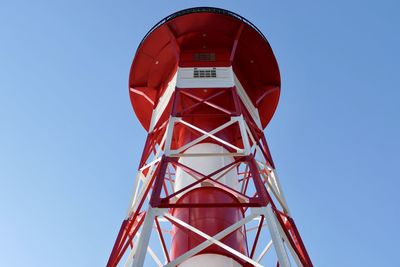 Low angle view of water tower against clear blue sky