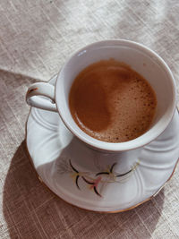 High angle view of coffee cup on table