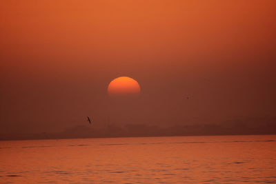 Scenic view of sea against orange sky