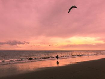 Rear view of woman walking at beach during sunset