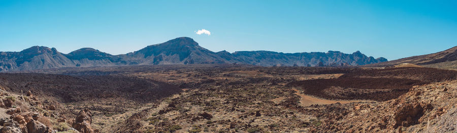 Scenic view of mountains against clear blue sky