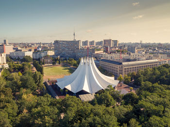 High angle view of buildings in city